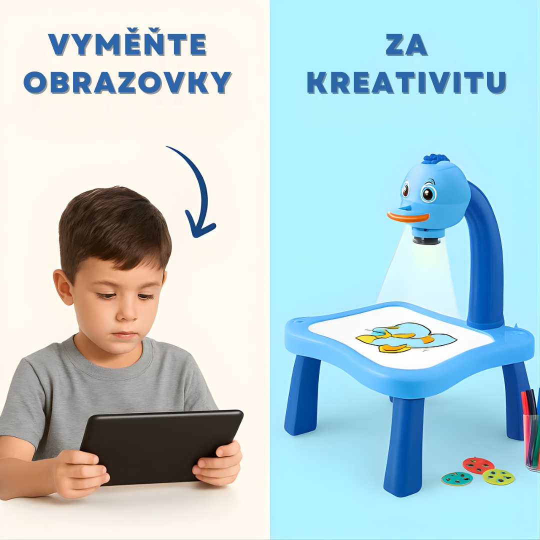 🎨 KresliPro™ | Kompletní sada – Dětský stoleček s LED projektorem + 12 fixů (ZDARMA)