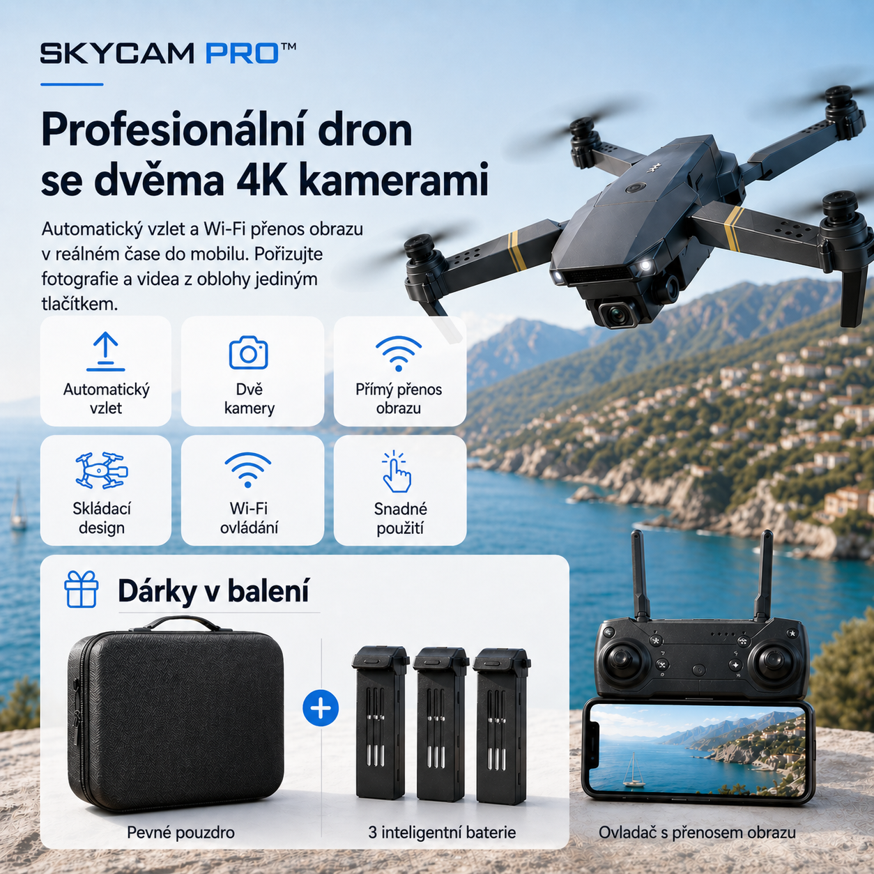 SKYCAM PRO™ | Profesionální dron se dvěma 4K kamerami, automatickým vzletem a živým přenosem přes Wi-Fi do mobilu. Pořizujte kvalitní fotografie a videa z výšky. (Pouze dnes získáte pevné pouzdro + 3 baterie ZDARMA pro delší dobu letu)