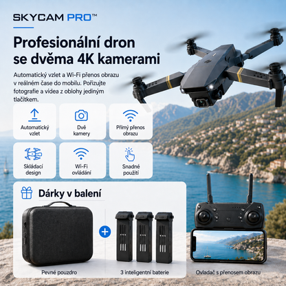 SKYCAM PRO™ | Profesionální dron se dvěma 4K kamerami, automatickým vzletem a živým přenosem přes Wi-Fi do mobilu. Pořizujte kvalitní fotografie a videa z výšky. (Pouze dnes získáte pevné pouzdro + 3 baterie ZDARMA pro delší dobu letu)