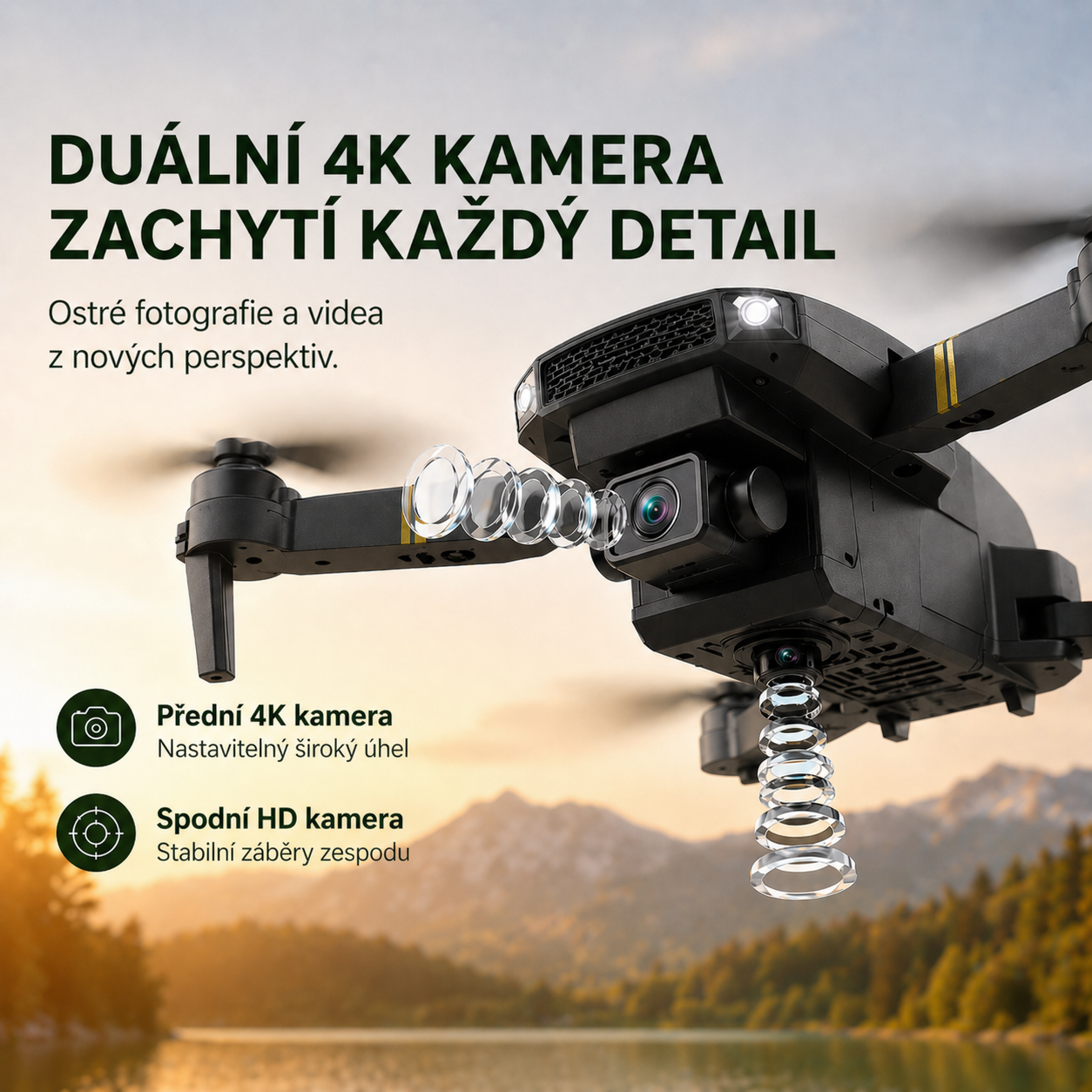 SKYCAM PRO™ | Profesionální dron se dvěma 4K kamerami, automatickým vzletem a živým přenosem přes Wi-Fi do mobilu. Pořizujte kvalitní fotografie a videa z výšky. (Pouze dnes získáte pevné pouzdro + 3 baterie ZDARMA pro delší dobu letu)